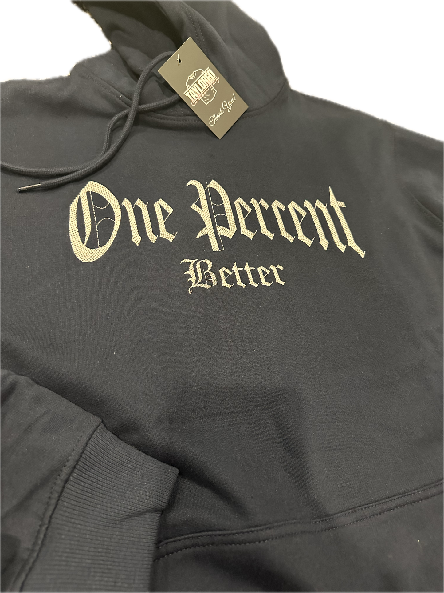 One Percent Better Old English Font Hoodie (Navy Blue/Silver)