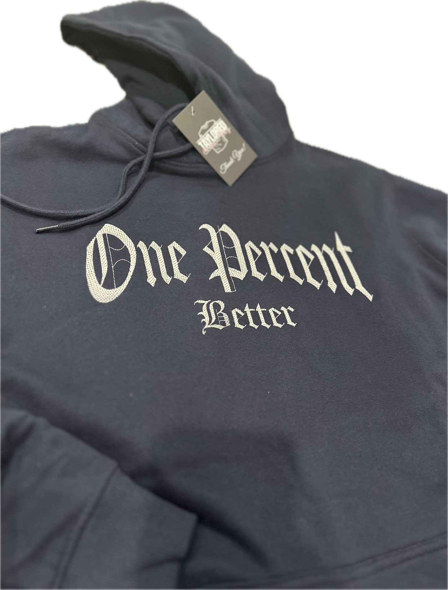 One Percent Better Old English Font Hoodie (Navy Blue/Silver)